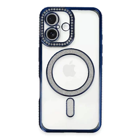 Newface Apple iPhone 16 Kılıf Joke Simli Magneticsafe Kılıf - Lacivert