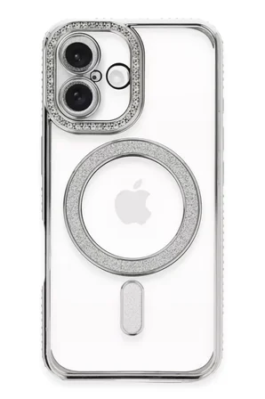 Newface Apple iPhone 16 Plus Kılıf Joke Simli Magneticsafe Kılıf - Gümüş