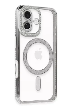 Newface Apple iPhone 16 Plus Kılıf Joke Simli Magneticsafe Kılıf - Gümüş