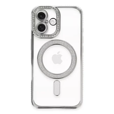 Newface Apple iPhone 16 Plus Kılıf Joke Simli Magneticsafe Kılıf - Gümüş