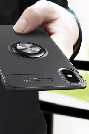 Newface Apple iPhone XS Max Kılıf Range Yüzüklü Silikon - Siyah-Mavi