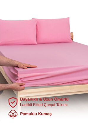 Pembe Rengi Lastikli Çift Kişilik Çarşaf Takımı (PAMUKLU NEVRESİM KUMAŞI, YASTIK KILIFLI) 7 Farklı Ebat