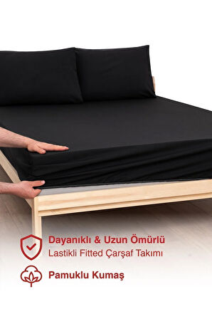 Siyah Renkli Lastikli Çift Kişilik Çarşaf Takımı (pamuklu Nevresim Kumaşı, Yastık Kılıflı) 7 Farklı Ebat