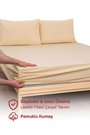Bej Renkli Lastikli Çift Kişilik Çarşaf Takımı (PAMUKLU NEVRESİM KUMAŞI, YASTIK KILIFLI) 7 Farklı Ebat