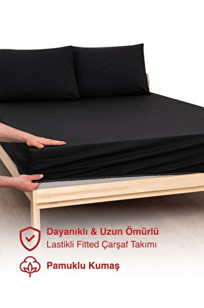 Siyah Renkli %100 Pamuklu Penye Kumaşından Çift Kişilik Lastikli Çarşaf (7 Farklı Ebat)