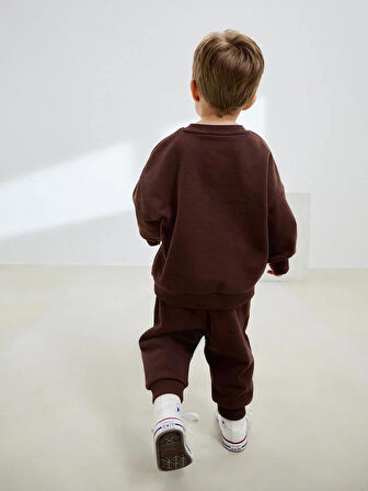 Milk Baskı Detaylı Kahverengi 3 İplik Fırçalı Kumaş Alt Üst Eşofman Takımı 