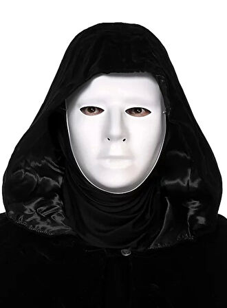 CEYLAN ADAM Siyah Kapüşonlu 120 Cm Pelerin Ve Beyaz Boyanabilir Tam Yüz Maske