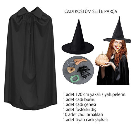 CEYLAN ADAM Cadı Kostüm Seti 6 Parça - Şapka Pelerin Diş Tırnaklar Çene Ve Burun