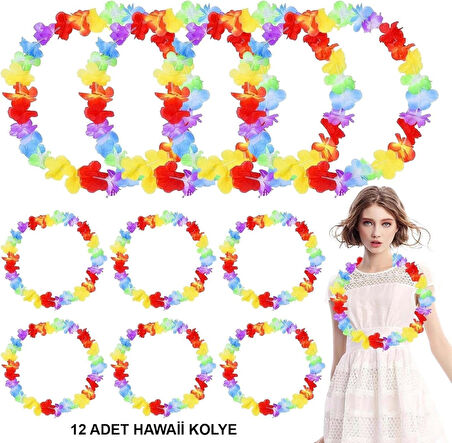 Hawaii Çiçekli Boyun Kolyesi - Renkli Tropikal Parti Leisi 12 Adet