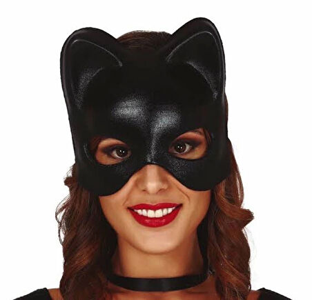 Siyah Deri Görünümlü Kedi Maskesi – Cosplay  Maskeli Balo