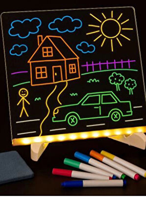 Neon Işıklı 7 Renk Işık Boyama Kalemli Led Resim Panosu Boyama Tahtası Kalemleri 20 X 20