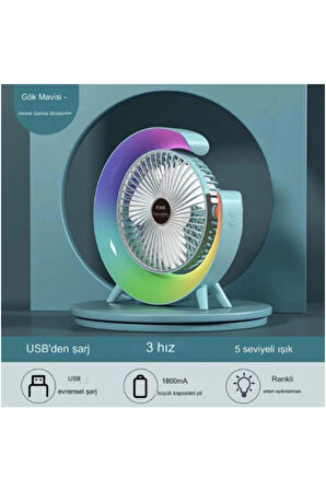 Masaüstü Vantilatör Usb Şarjlı Rgb Led Işıklı 3 Kademeli 180° Ayarlanabilir Soğutucu Fan Mavi