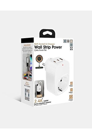 CEYLAN ADAM Tekli Yüksek Voltaj Korumalı Duvar Prizi 2x Type-c 1x Usb Çıkışlı Priz Grup Priz Çoğaltıcı Beyaz