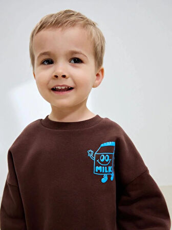 Milk Baskı Detaylı Kahverengi 3 İplik Fırçalı Kumaş Alt Üst Eşofman Takımı 