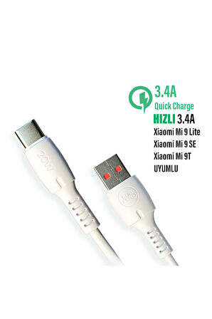 Xiaomi Mi 9 Lite - Mi 9 SE Uyumlu Type C Hızlı Şarj Kablosu 20W 3.4A
