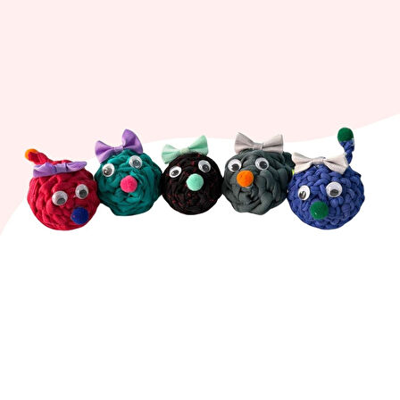 5Li Çıngıraklı Örme Kedi Oyuncağı 9Cm Kırmızı-Yeşil-Siyah-Gri-Mavi