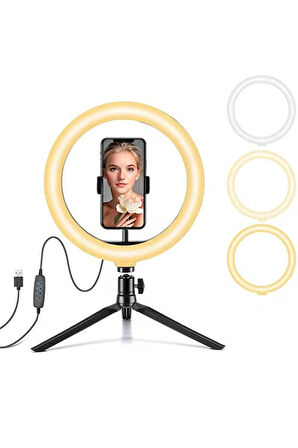 LED Ring Light Işıklı Tripod ve Telefon Tutucu – 3 Işık Modu, USB Bağlantılı, Makyaj ve Canlı Yayın İçin Profesyonel Aydınlatma
