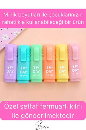 6'lı Mini Pastel Renkli Düz Fosforlu İşaretleme Kalemi Öğrenci Sevimli Kılıflı Okul Çocuk Boya Seti