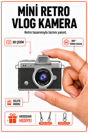 Mini Dijital Kamera Retro Tasarım HD Video Selfie Çekim 180° Döndürülebilir Ekran Taşınabilir Kamera