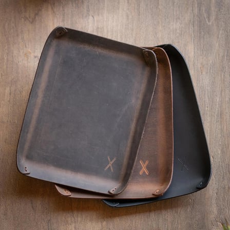 minimal X Vale Tepsi - Hakiki Deri - El Yapımı Minimalist Tasarım - Büyük Model - Taba