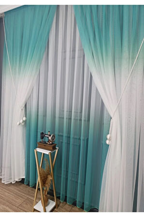 Mint Renkli Renk Geçişli Değrade Sağ/Sol Takım Tül Fon Perde