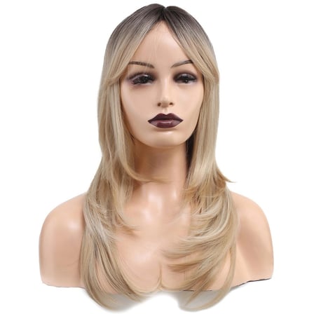 Katlı Kesim Perçemli Düz Fiber Sen Orta Boy Peruk /  / Platin Ombre ve Röfleli