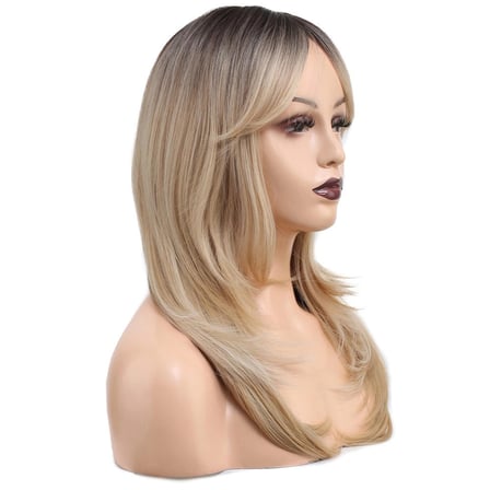 Katlı Kesim Perçemli Düz Fiber Sen Orta Boy Peruk /  / Platin Ombre ve Röfleli