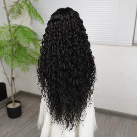 Ekstra Uzun Yoğun Afro Daa Siyah Fiber Sen Geniş T Tül Peruk