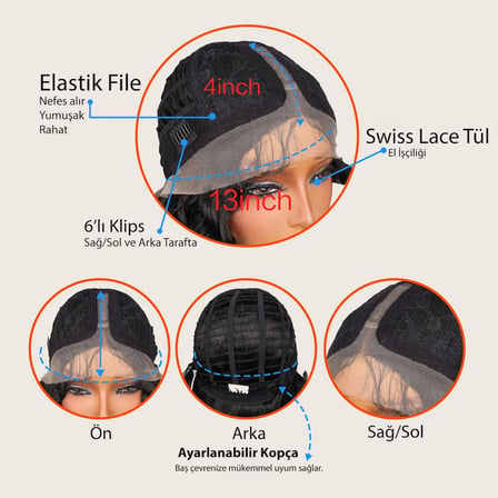 Ekstra Uzun Yoğun Afro Daa Siyah Fiber Sen Geniş T Tül Peruk