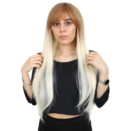 Fiber Sen Uzun Düz Kahküllü Peruk / Balköpüğü / Platin Ombreli