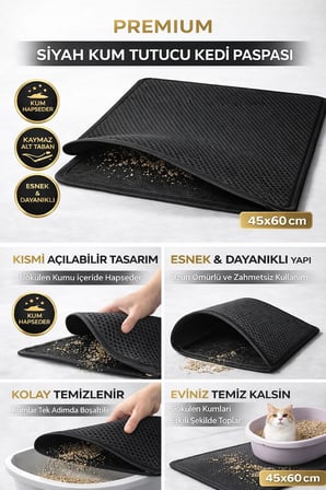 Kedi Elekli Tuvalet Önü Kum Tutucu Paspas  45 cm - 60 cm Siyah