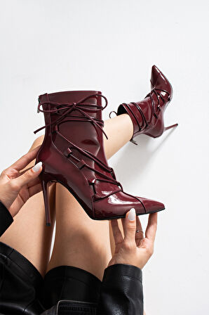 GAMZY Kadın Bordo Rugan Bağcıklı İnce Topuklu Bot