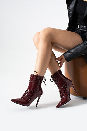 GAMZY Kadın Bordo Rugan Bağcıklı İnce Topuklu Bot