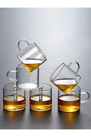 Cam Bardak Kupa Seti 125ml Isıya Ateşe Dayanıklı Çay Kahve Espresso Bardağı Kulplu Fincan 6 Adet