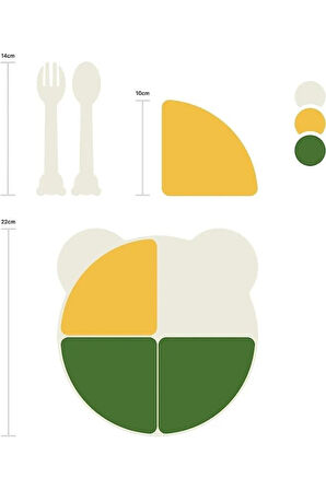 4 Bölmeli Çıkarılabilir Ayıcık Desenli 7 Parça Mama Yemek Tabağı ve Çatal Kaşık Seti BPA FREE