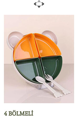 4 Bölmeli Çıkarılabilir Ayıcık Desenli 7 Parça Mama Yemek Tabağı ve Çatal Kaşık Seti BPA FREE
