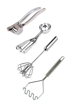 Paslanmaz Çelik Sarımsak Ezici, Dondurma Kaşığı, Çırpıcı ve Patates Ezici