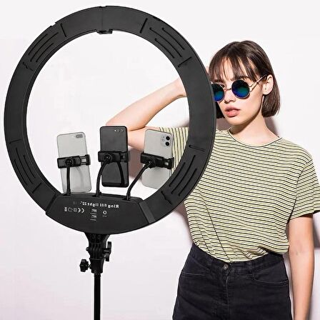 Rgb Ring Light 3 x Telefon Standlı Çantalı Kumandalı 18 Inç Youtuber LED Halka Işık 2 Metre Tripod