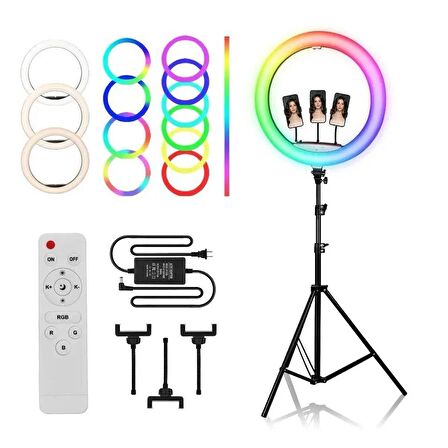 Rgb Ring Light 3 x Telefon Standlı Çantalı Kumandalı 18 Inç Youtuber LED Halka Işık 2 Metre Tripod