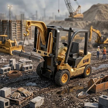 Diecast Oyuncak Metal İnşaat Araçları Hareketli Asansörlü ve Vinç Kancalı Kutulu Metal Forklift
