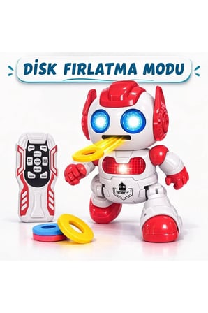 Uzaktan Kumandalı Disk Atan Sesli Işıklı Renkli Sevimli Robot Disk Fırlatan Robot Oyuncak Robot