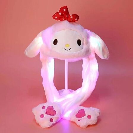 Işıklı Kulakları Hareket Eden Tavşan Pelüş Şapka Bere Bunny pembe