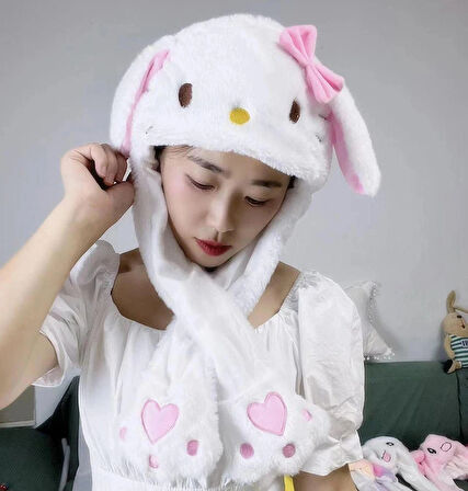 Sanrio Kuromi Hello Kitty Şapka Kulakları Hareket Eden Şapka Işıklı Modlu Peluş Bere Şapka