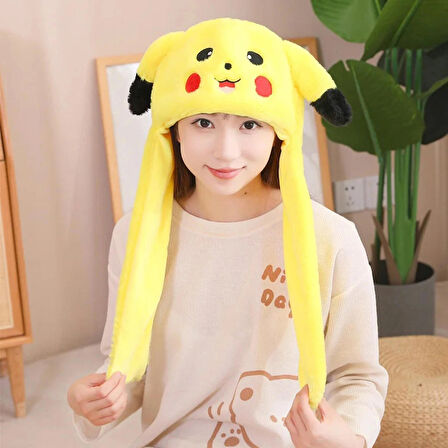 Sanrio Pikaçu Şapka Kulakları Hareket Eden Şapka Işıklı Modlu Peluş Pikachu Şapka Bere Işıklı Şapka