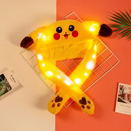 Sanrio Pikaçu Şapka Kulakları Hareket Eden Şapka Işıklı Modlu Peluş Pikachu Şapka Bere Işıklı Şapka