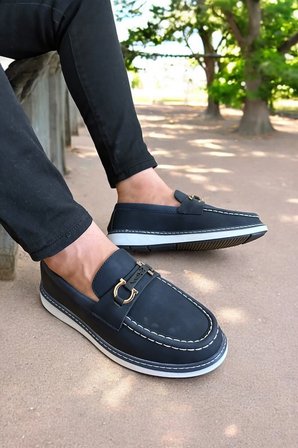 Lacivert Deri Loafer Ayakkabı Metal Tokalı Beyaz Dikiş Detaylı Konforlu Casual Ayakkabı LACİVERT / 45