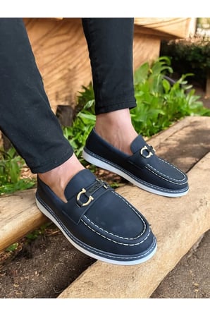 Lacivert Deri Loafer Ayakkabı Metal Tokalı Beyaz Dikiş Detaylı Konforlu Casual Ayakkabı LACİVERT / 45