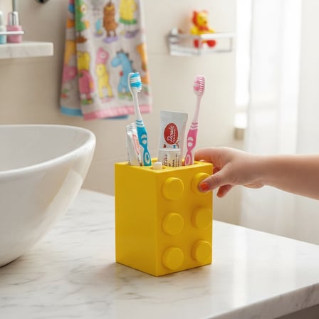 Yapı Oyun Bloğu Tasarımlı Dekoratif Diş Fırçalık ve Macunluk - Çocuk Banyo Düzenleyici - Sarı