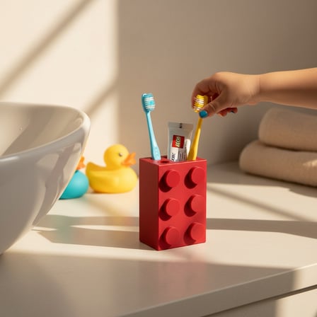 Yapı Oyun Bloğu Tasarımlı Dekoratif Diş Fırçalık ve Macunluk - Çocuk Banyo Düzenleyici - Kırmızı