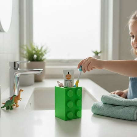 Yapı Oyun Bloğu Tasarımlı Dekoratif Diş Fırçalık ve Macunluk - Çocuk Banyo Düzenleyici - Yeşil